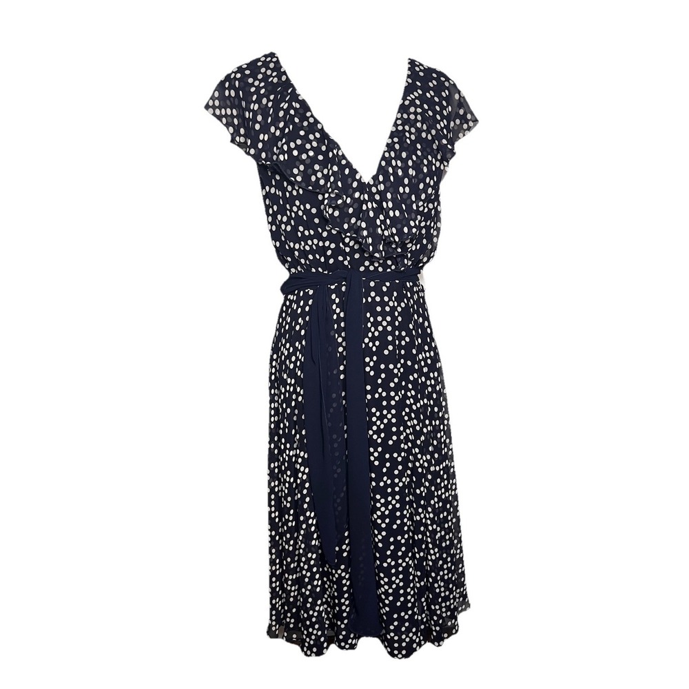 Dress Barn Polkadot FauxWrap Puff Flutter Sleeves Waist Tie Sheer Lined Midi 16
